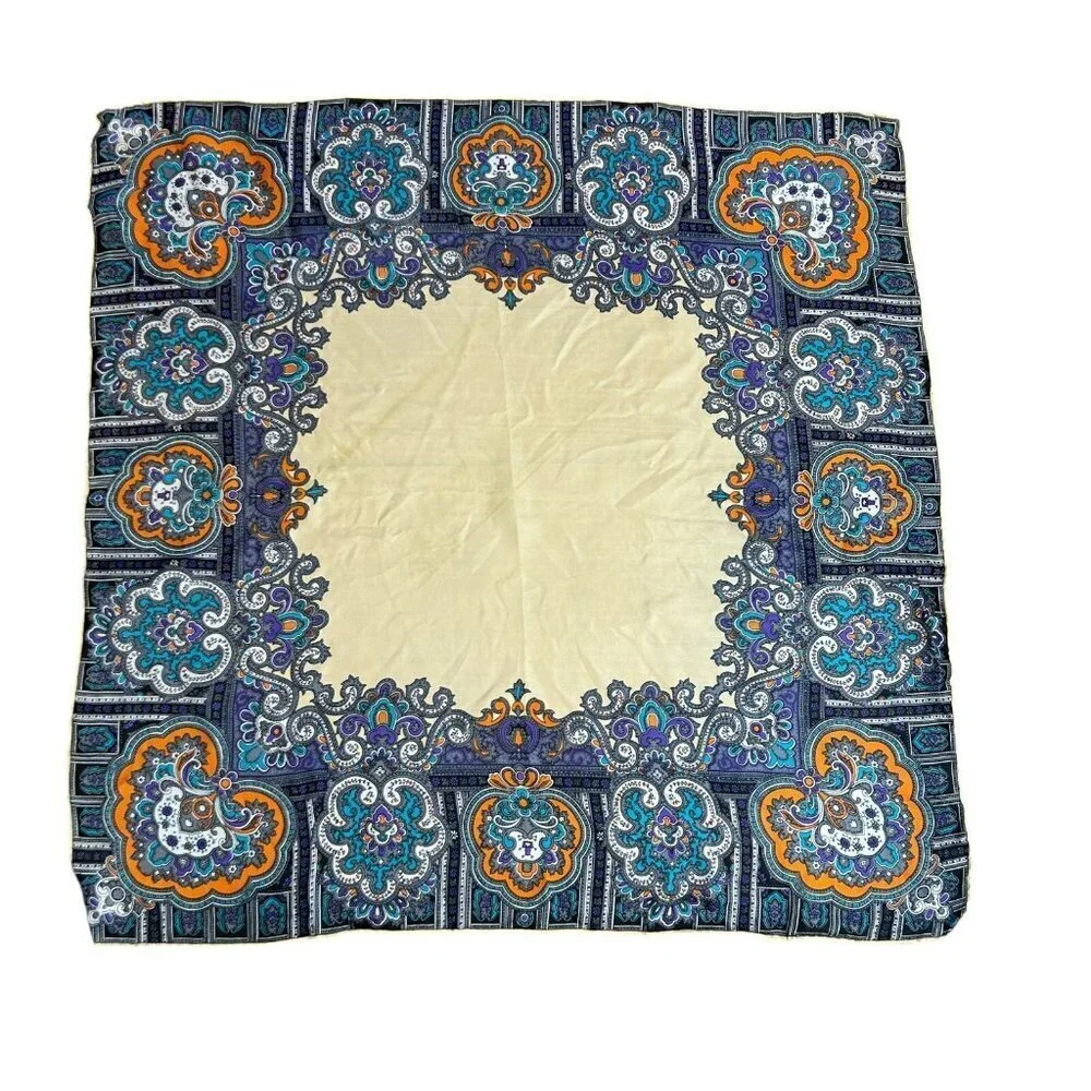 Vintage 100% Silk Colorful Edge Oversized Foulard Paisley Hand Rolled Scarf